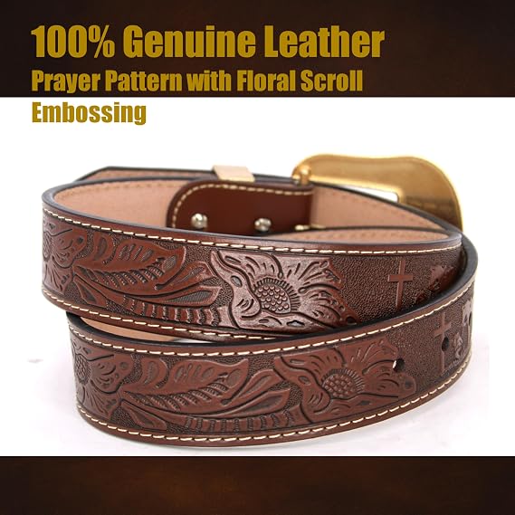 Genuine Leather Western Cowboy Belt – Engraved Buckle