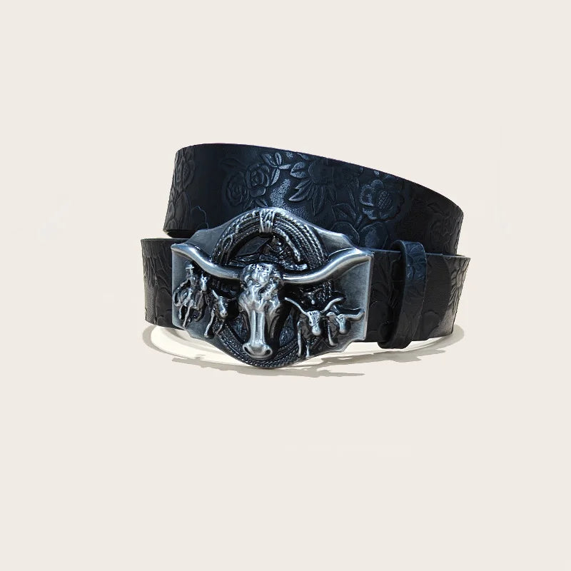 Western PU Leather Belt for Men & Women – Floral Engraved with 3D Pewter Gun Buckle