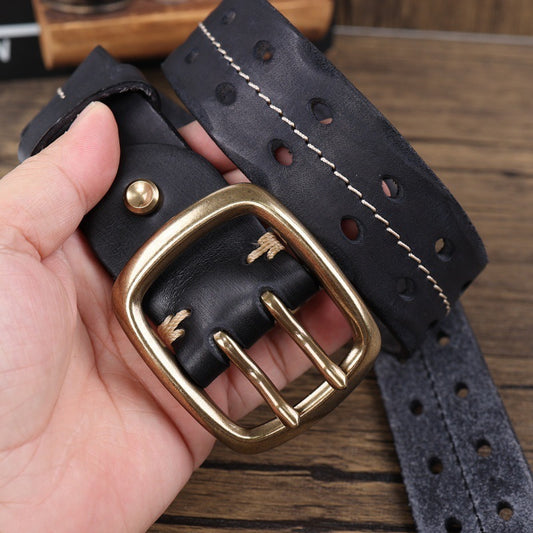 Retro Double Needle Brass Buckle Cowhide Men’s Belt