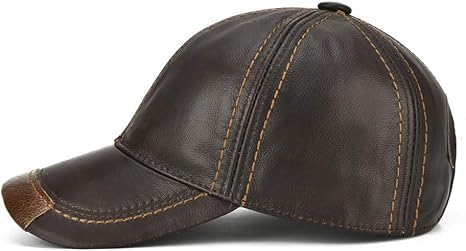 Brown Genuine Cowhide Leather Baseball Cap with Adjustable Metal Buckle, Unisex