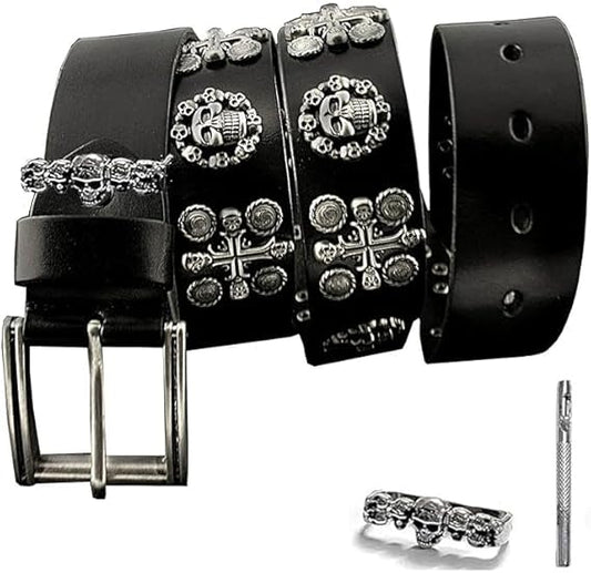 Men's Punk Skull Cross Genuine Leather Belt – Black | BeltNBuckles
