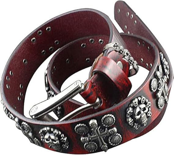 Men's Goth Skull Cross Genuine Leather Belt – Red