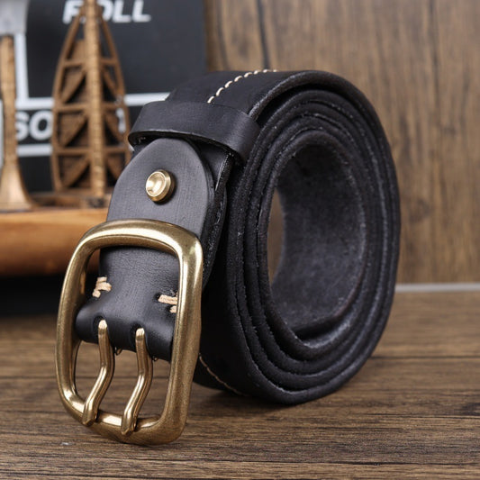 Retro Double Needle Brass Buckle Cowhide Men’s Belt