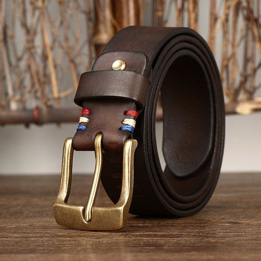 Retro Engraved Cowhide Belt with Brass Pin Buckle
