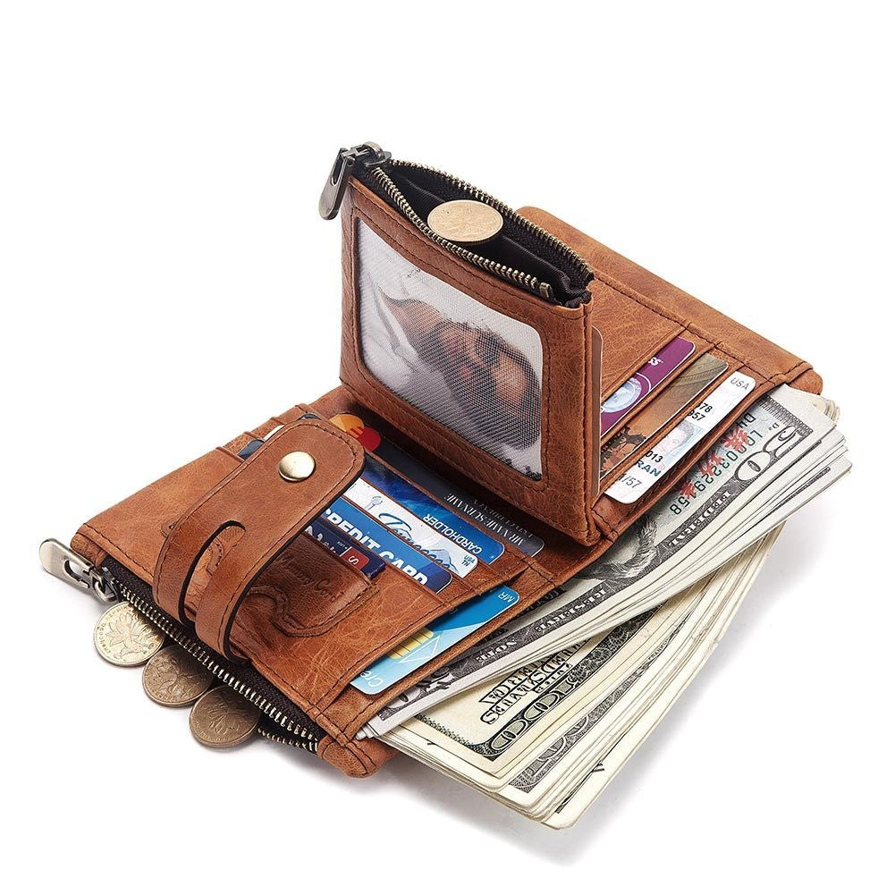 Men’s Bifold Genuine Leather Wallet with Double Zipper, RFID Blocking, Card Holder & Coin Pocket