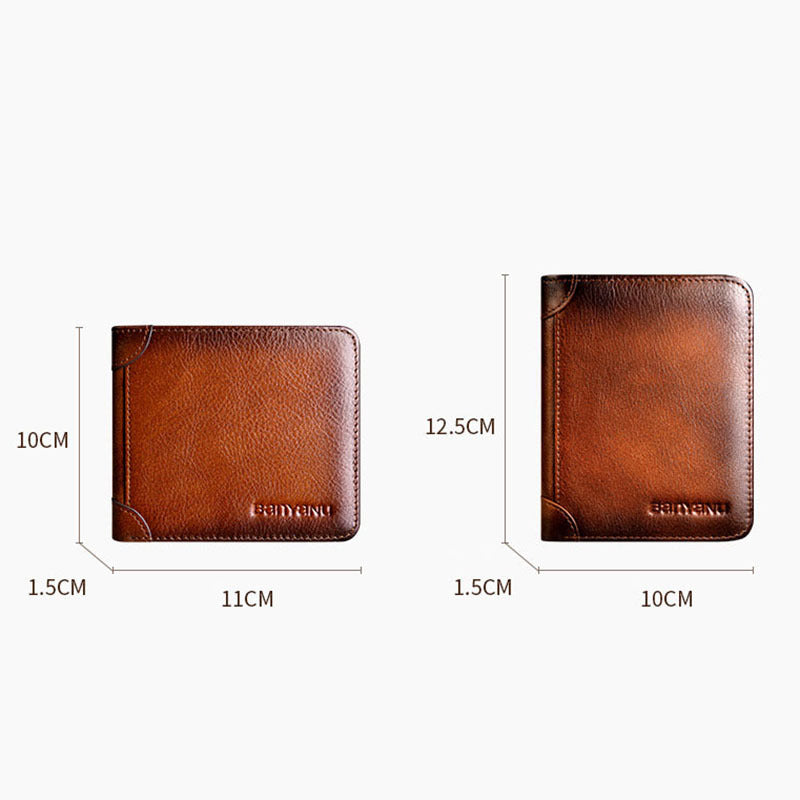 Men’s Short Leather Trifold Wallet, Large Capacity Top Layer Cowhide Horizontal Wallet