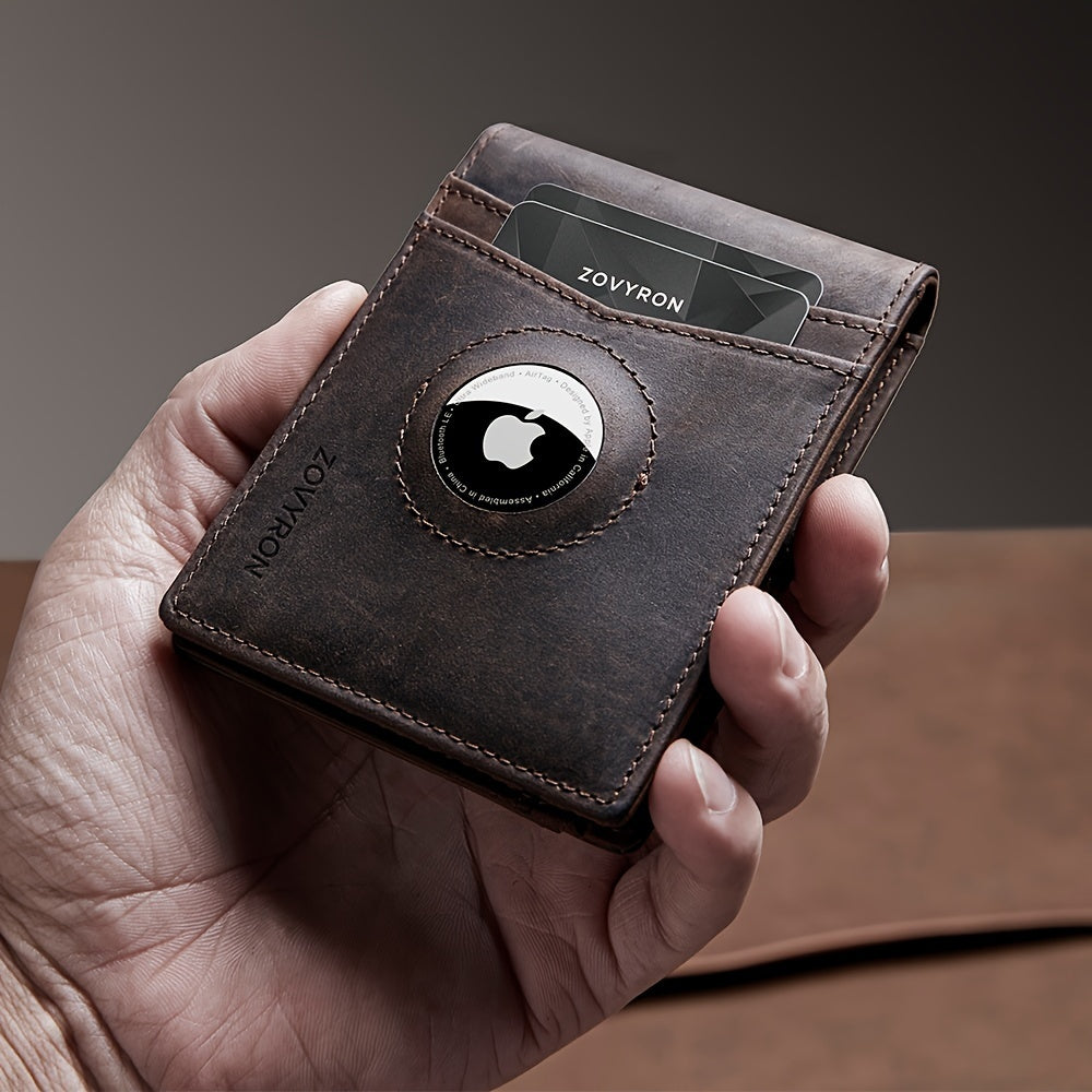 Men’s Genuine Leather Slim Bifold Wallet with Airtag Holder, RFID Blocking, Front Pocket Wallet