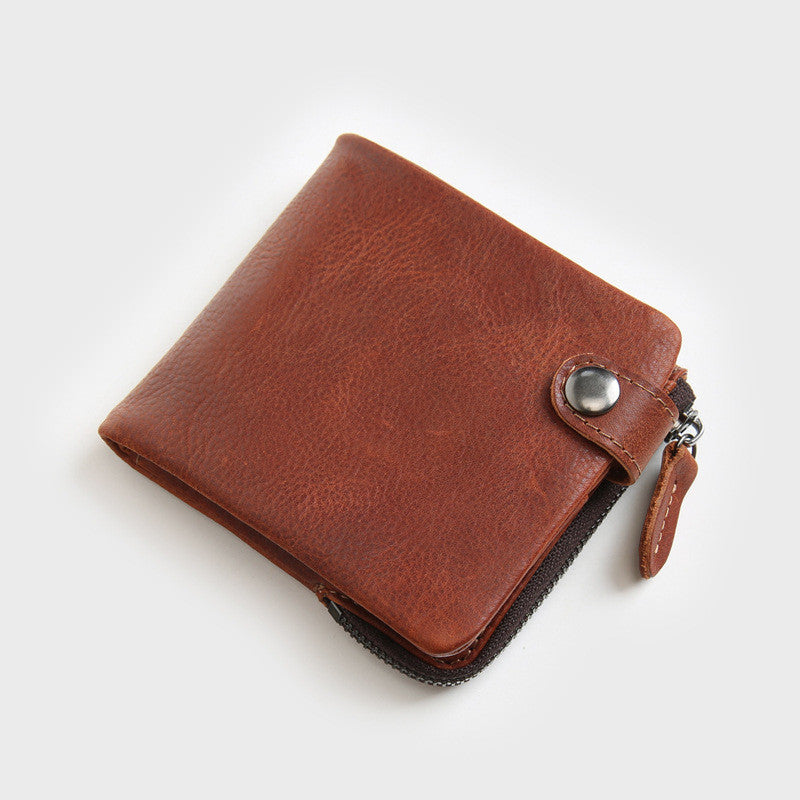 Men’s Short Bifold Wallet With Zipper, Genuine First Layer Cowhide Leather, Casual Horizontal And Vertical Styles