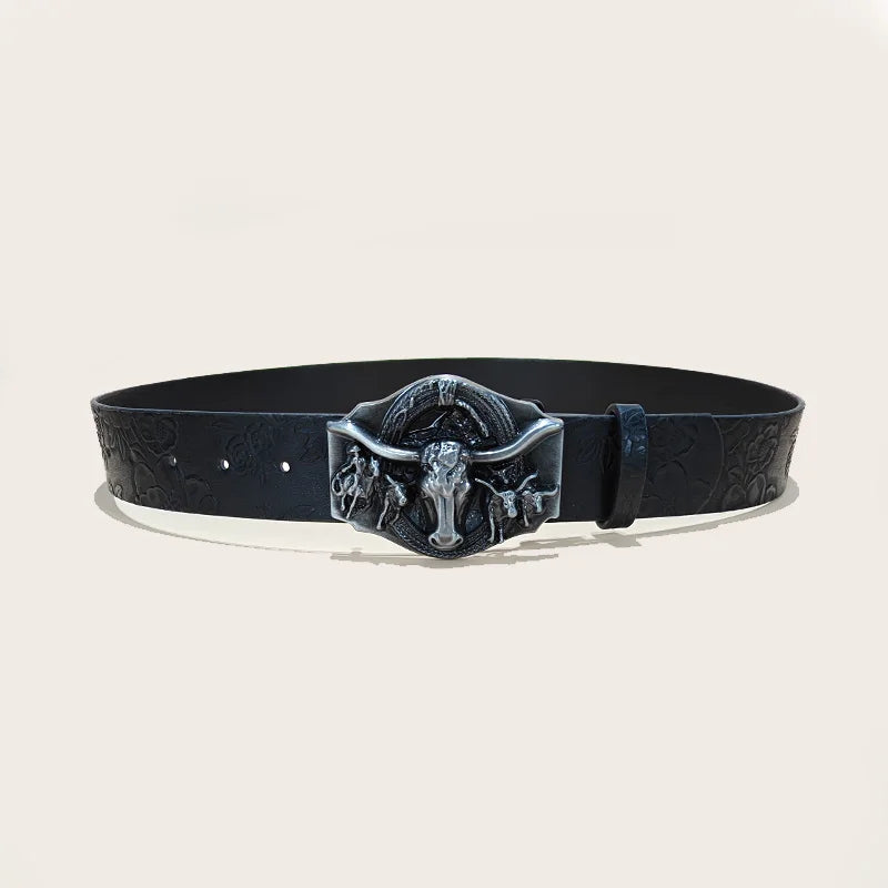 Western PU Leather Belt for Men & Women – Floral Engraved with 3D Pewter Gun Buckle
