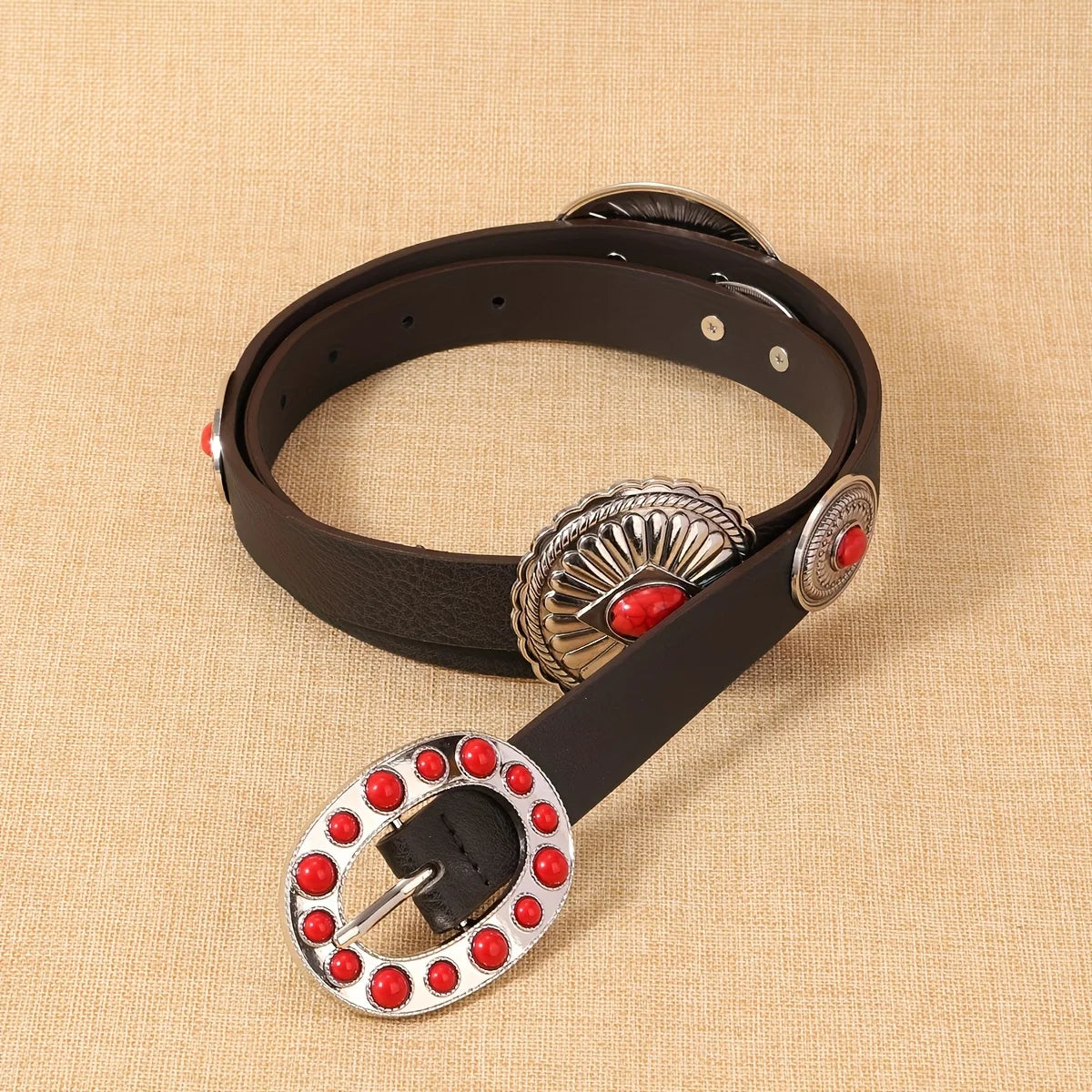 Women's Retro PU Leather Belt - Casual Western Style, Red/Black