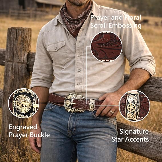 Genuine Leather Western Cowboy Belt – Engraved Buckle