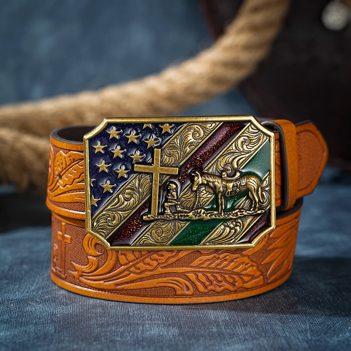 Western Cowboy PU Leather Belt with Horse & Floral Buckle for Men Women Jeans