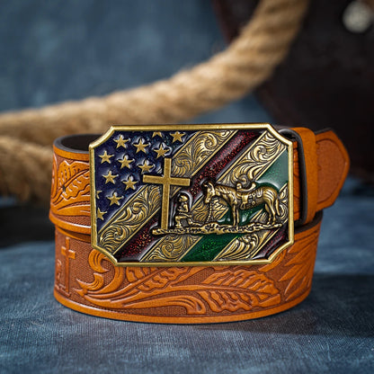 Western Cowboy PU Leather Belt with Horse & Floral Buckle for Men Women Jeans