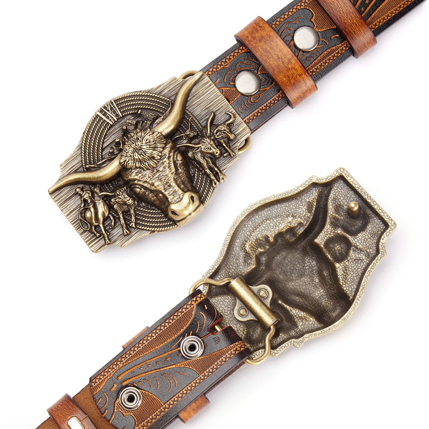 Bison Denim Men's Western Genuine Leather Belt – Longhorn Bull Buckle