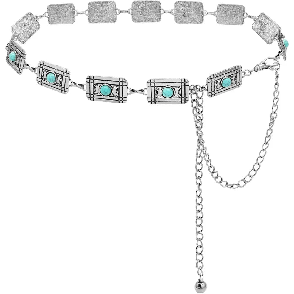 Women's Western Turquoise Concho Chain Belt - Adjustable Cowgirl Style