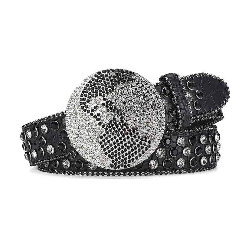 Unisex Western Rhinestone Belt – Dazzling Crystal Round Buckle | PU Leather