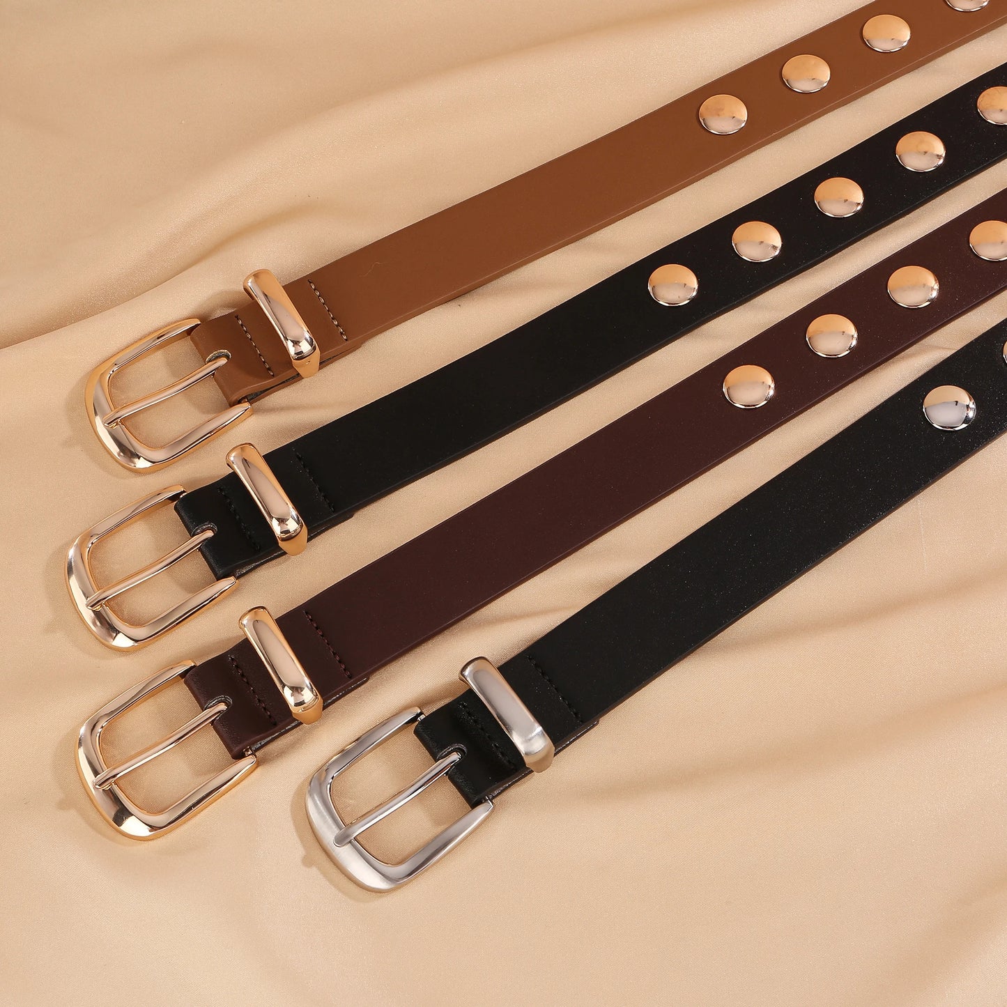 Women's Studded Punk Western Leather Belt – Adjustable Waist for Jeans & Dresses