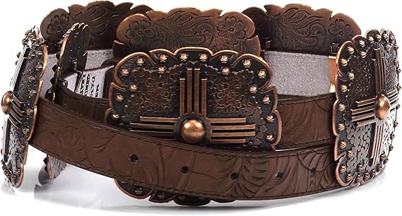 Women's Floral Embossed Leather Belt – Square Conchos