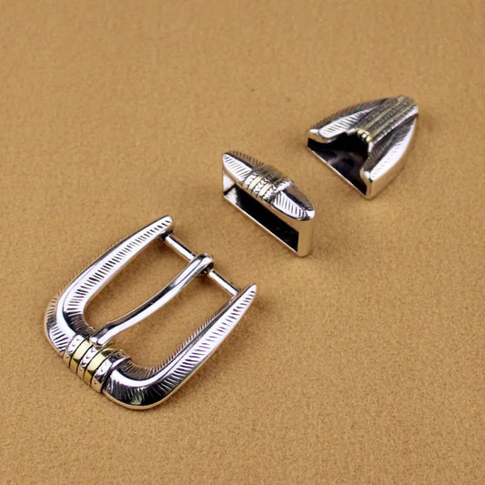 Western Cowboy Engraved 25mm Belt Buckle Set - Antique Silver 3-Piece