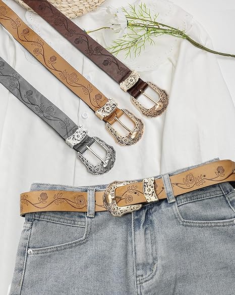 Women's Vintage Western Belt – Gold Floral Buckle