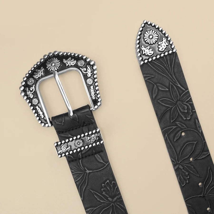 Women's Vintage Western Belt – Black Carved Buckle & Leaf Print