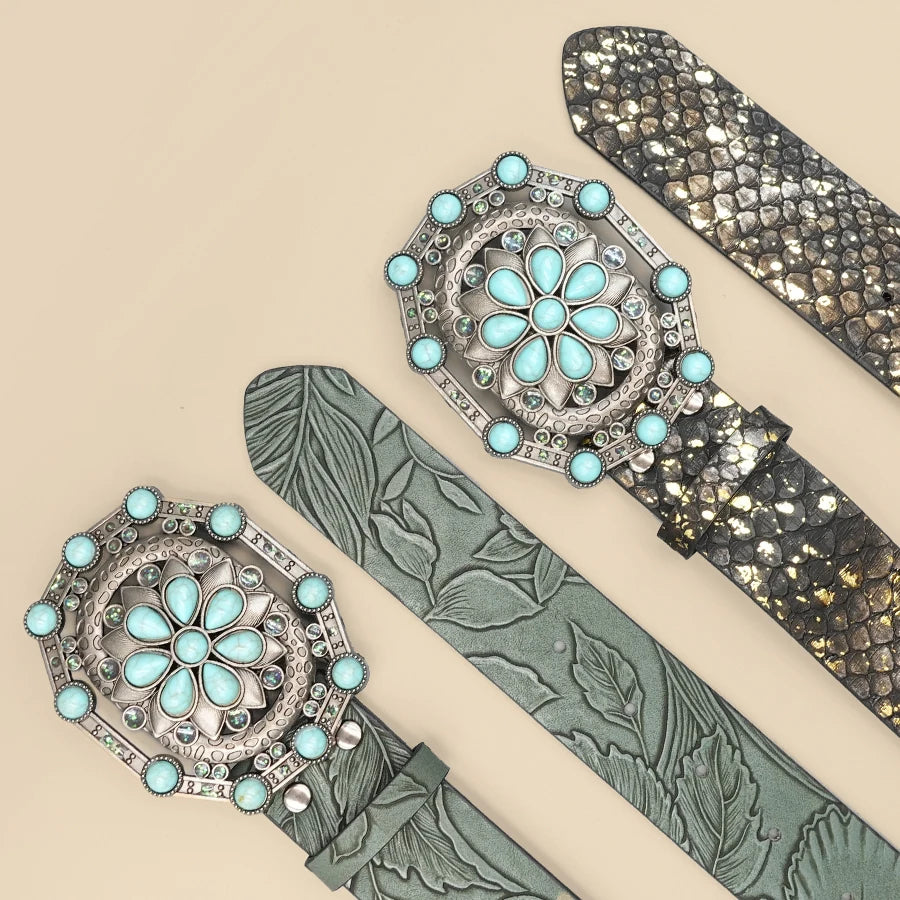 Western Cowgirl Engraved Leather Belt for Women Men – Gemstone Inlaid