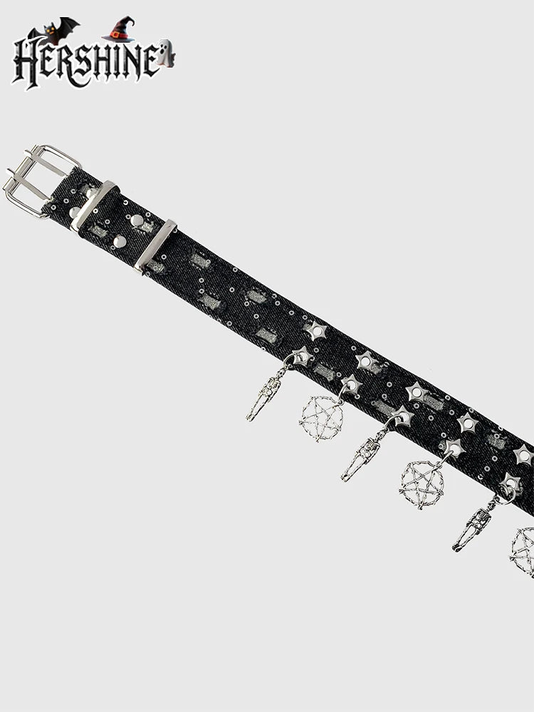 Women's Black Pentagram Eye Y2K Punk Western Leather Belt