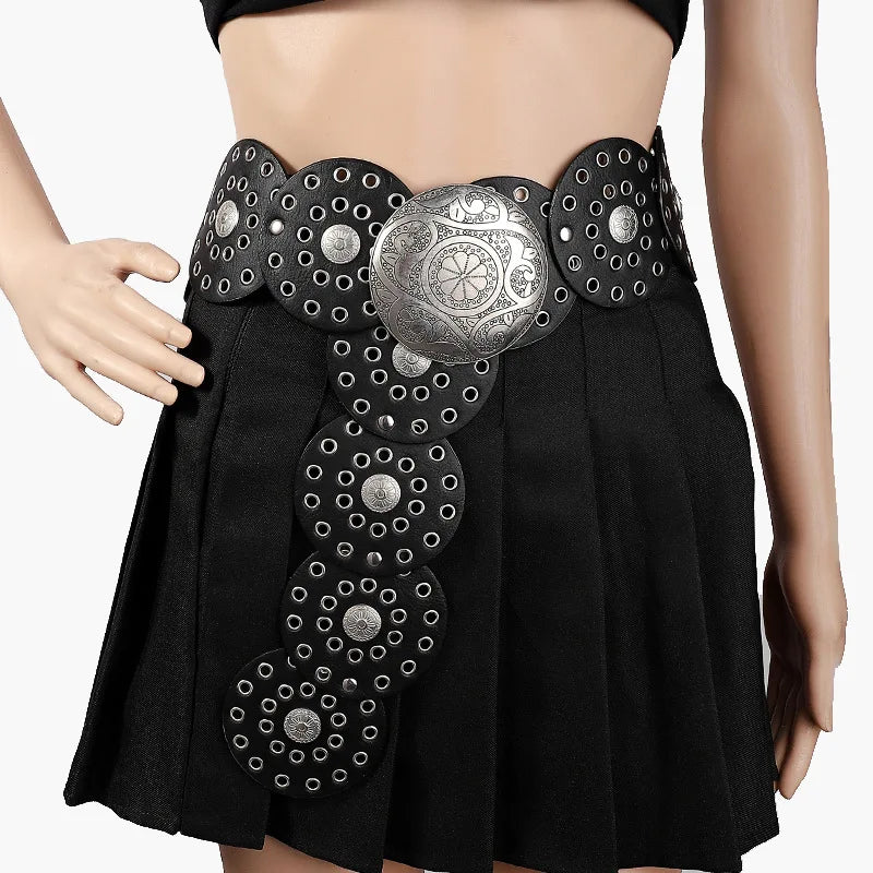 Women's Vintage Western PU Leather Wide Belt – Hollow Metal Buckle
