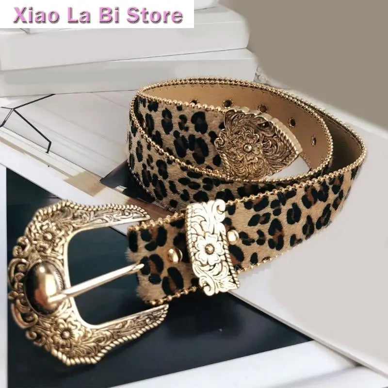 Women's Adjustable Western Dark Khaki Leopard Print PU Belt for Jeans & Dresses