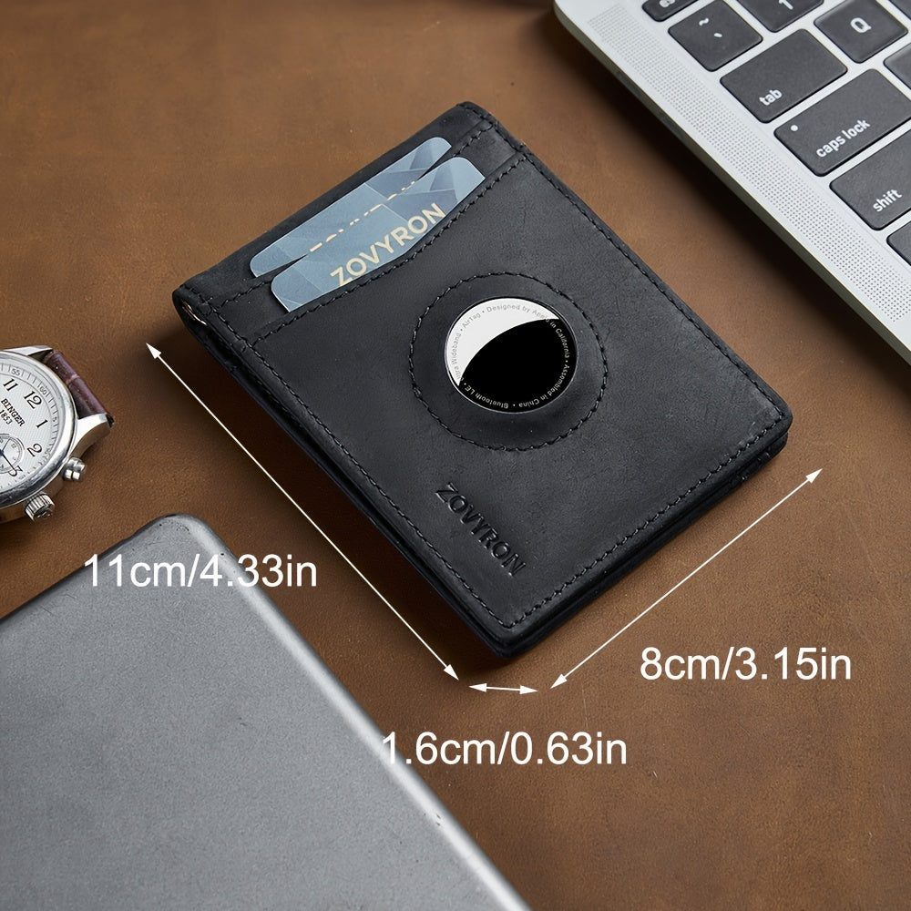 Men’s Genuine Leather Slim Bifold Wallet with Airtag Holder, RFID Blocking, Front Pocket Wallet