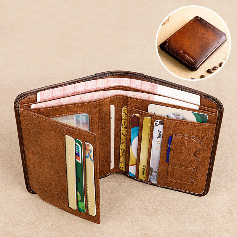 Men’s Short Leather Trifold Wallet, Large Capacity Top Layer Cowhide Horizontal Wallet