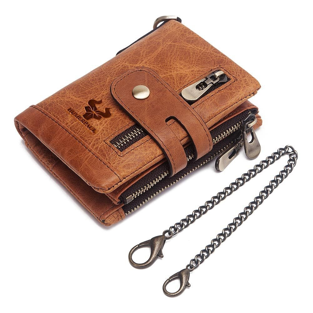 Men’s Bifold Genuine Leather Wallet with Double Zipper, RFID Blocking, Card Holder & Coin Pocket