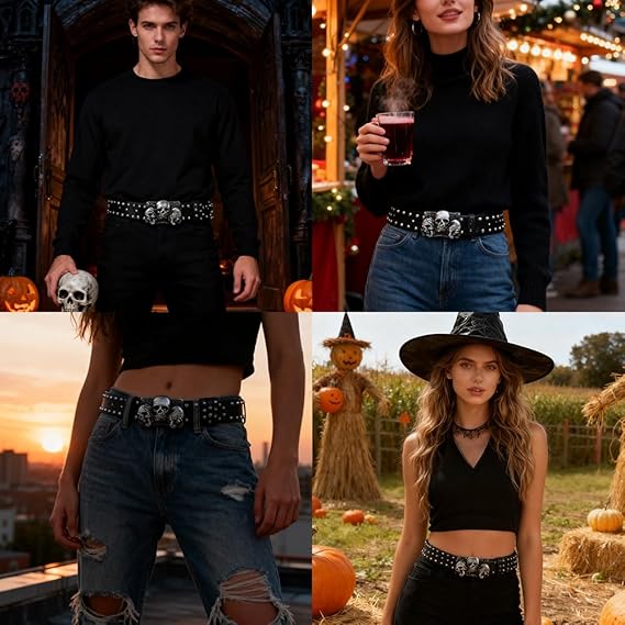 Men's Skull Buckle Punk Belt – Black Studded Y2K