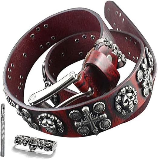 Men's Goth Skull Cross Genuine Leather Belt – Red