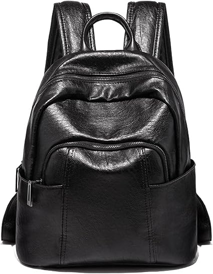 Women's Black Leather-Style Backpack Handbag with Top Handle and Anti-Theft Pocket