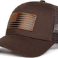 Brown American Flag Leather Patch Mesh Trucker Hat with Snap Closure