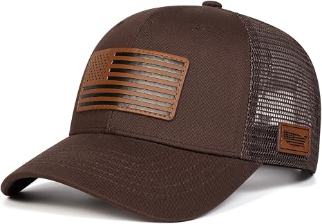 Brown American Flag Leather Patch Mesh Trucker Hat with Snap Closure