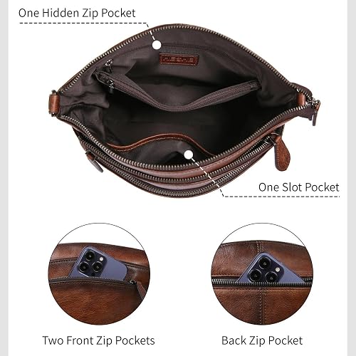 Women's Coffee Vegetable-Tanned Leather Crossbody Satchel with 3 Top Zippers
