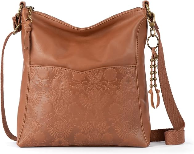 Women's Tobacco Floral Embossed Leather Crossbody Bag with Adjustable Strap