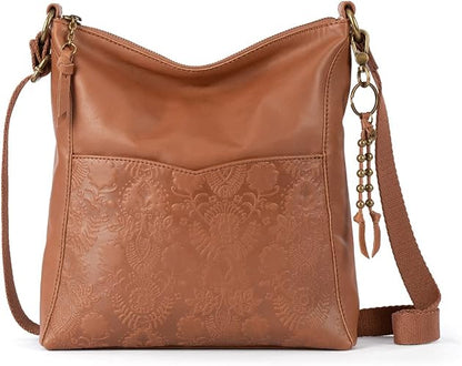 Women's Tobacco Floral Embossed Leather Crossbody Bag with Adjustable Strap