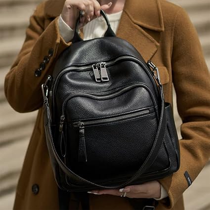 Women's Black Genuine Pebbled Leather Convertible Backpack Purse with Anti-Theft Pocket | BeltNBuckles