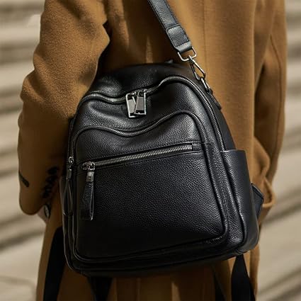 Women's Black Genuine Pebbled Leather Convertible Backpack Purse with Anti-Theft Pocket | BeltNBuckles