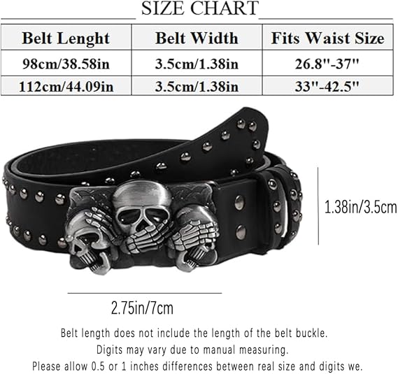 Men's Skull Buckle Punk Belt – Black Studded Y2K