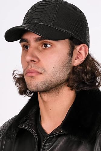 Black Snakeskin Pattern PU Leather Baseball Cap with Adjustable Buckle Strap | BeltNBuckles