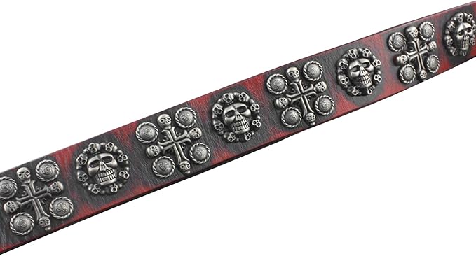 Men's Goth Skull Cross Genuine Leather Belt – Red
