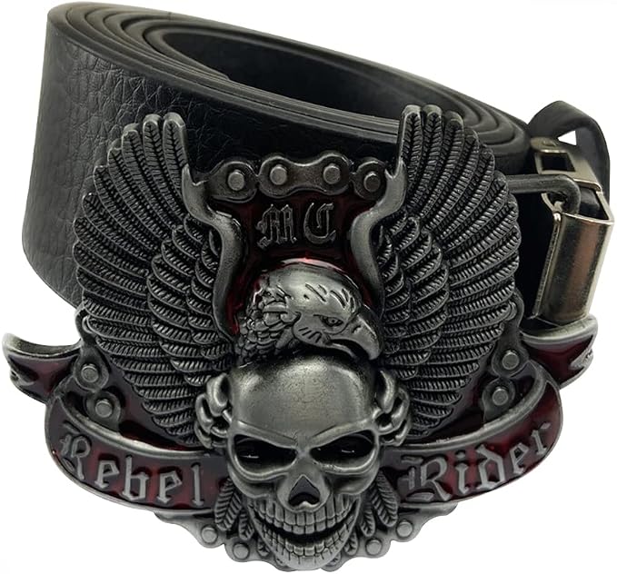 Rebel Biker Motorcycle Chain Skull & Eagle Belt Buckle, 40mm