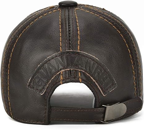 Brown Genuine Cowhide Leather Baseball Cap with Adjustable Metal Buckle, Unisex