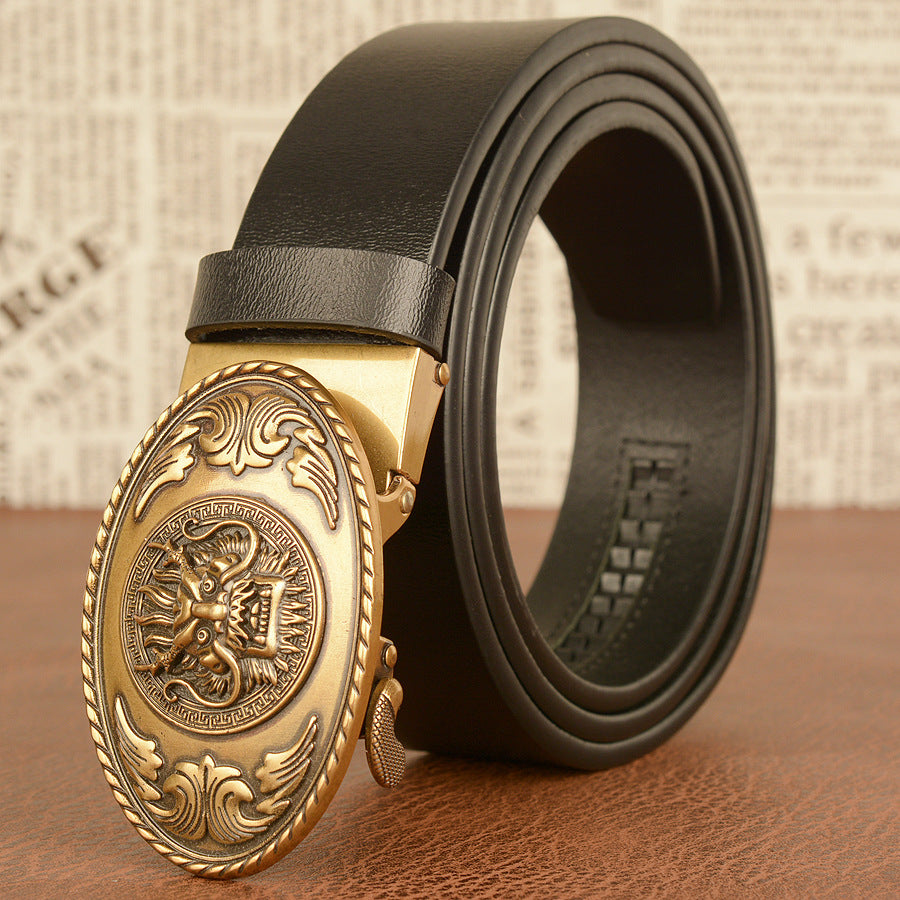 Western Men’s Ethnic Style Cowhide Belt with Faucet Buckle