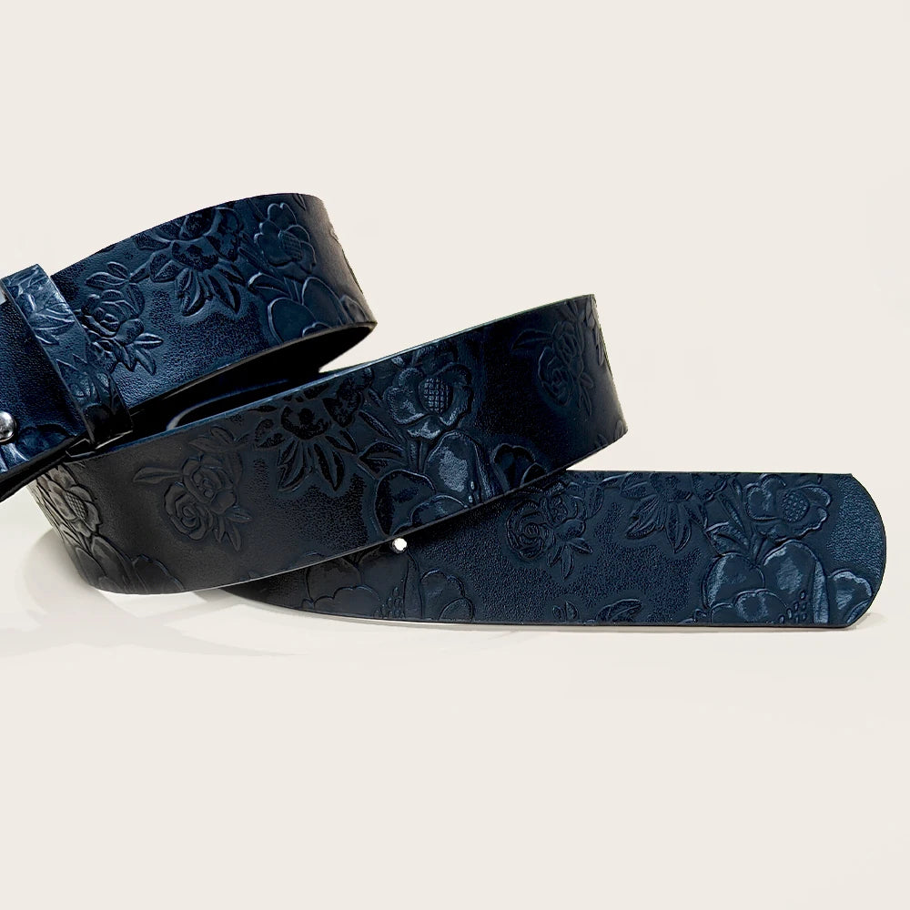 Western PU Leather Belt for Men & Women – Floral Engraved with 3D Pewter Gun Buckle