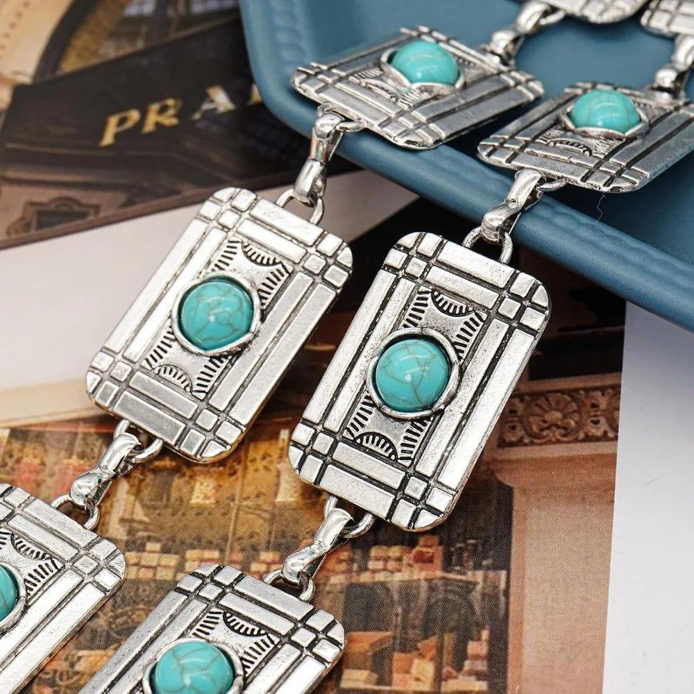 Women's Western Turquoise Concho Chain Belt - Adjustable Cowgirl Style